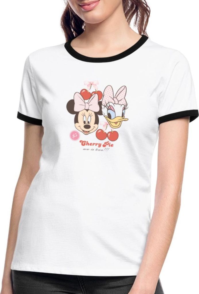 Mickey & Minnie Cherry Pie Minnie & Daisy Frauen Kontrast T-Shirt, L, Weiß/Schwarz