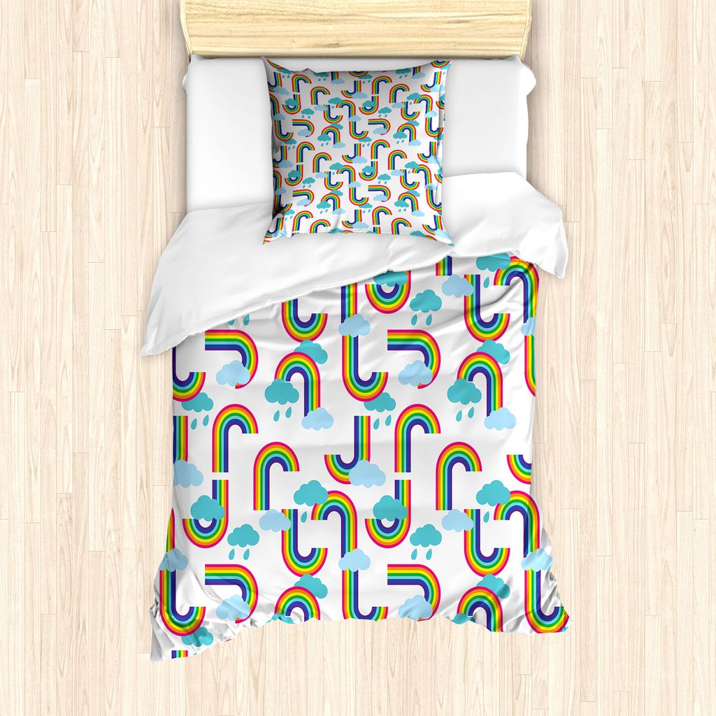 ABAKUHAUS Karikatur Bettbezug Set für Einzelbetten, Regenbogen und Wolken Muster, Milbensicher Allergiker geeignet mit Kissenbezug, 135 cm x 200 c...
