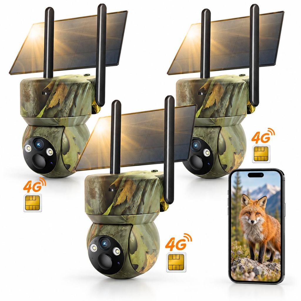3 Stück 4G LTE Wildkamera SIM Karte 2K Solar Wildtierkamera Produktbild 