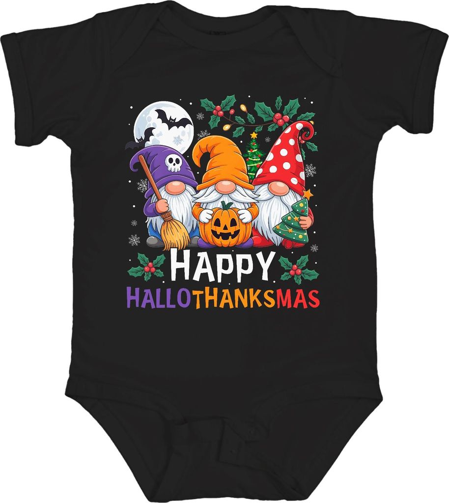 Gnome Happy HalloThanksMas Halloween Kürbis Weihnachten Geschenk Unisex Baby Body, Schwarz, 12/18