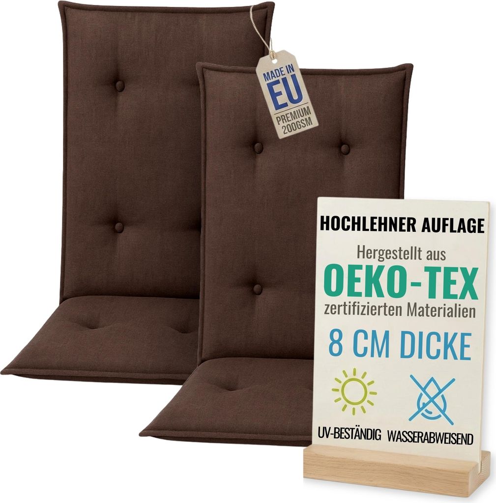Pillows24 - 2x Hochlehner Auflagen 120x50x8 cm | Gesteppte Wetterfeste Gartenstuhlauflagen | Polster Sitzkissen für Gartenmöbel | EU | Braun