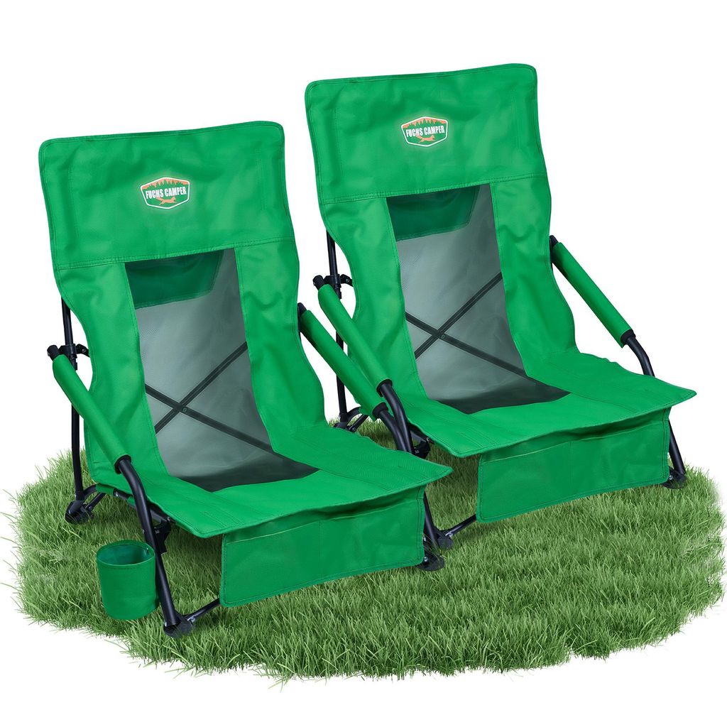 Fuchs Camper Strandstuhl klappbar – Campingstuhl mit hoher Rückenlehne & Mesh-Gewebe – Faltbarer Outdoor Stuhl mit Getränkehalter und Taschen