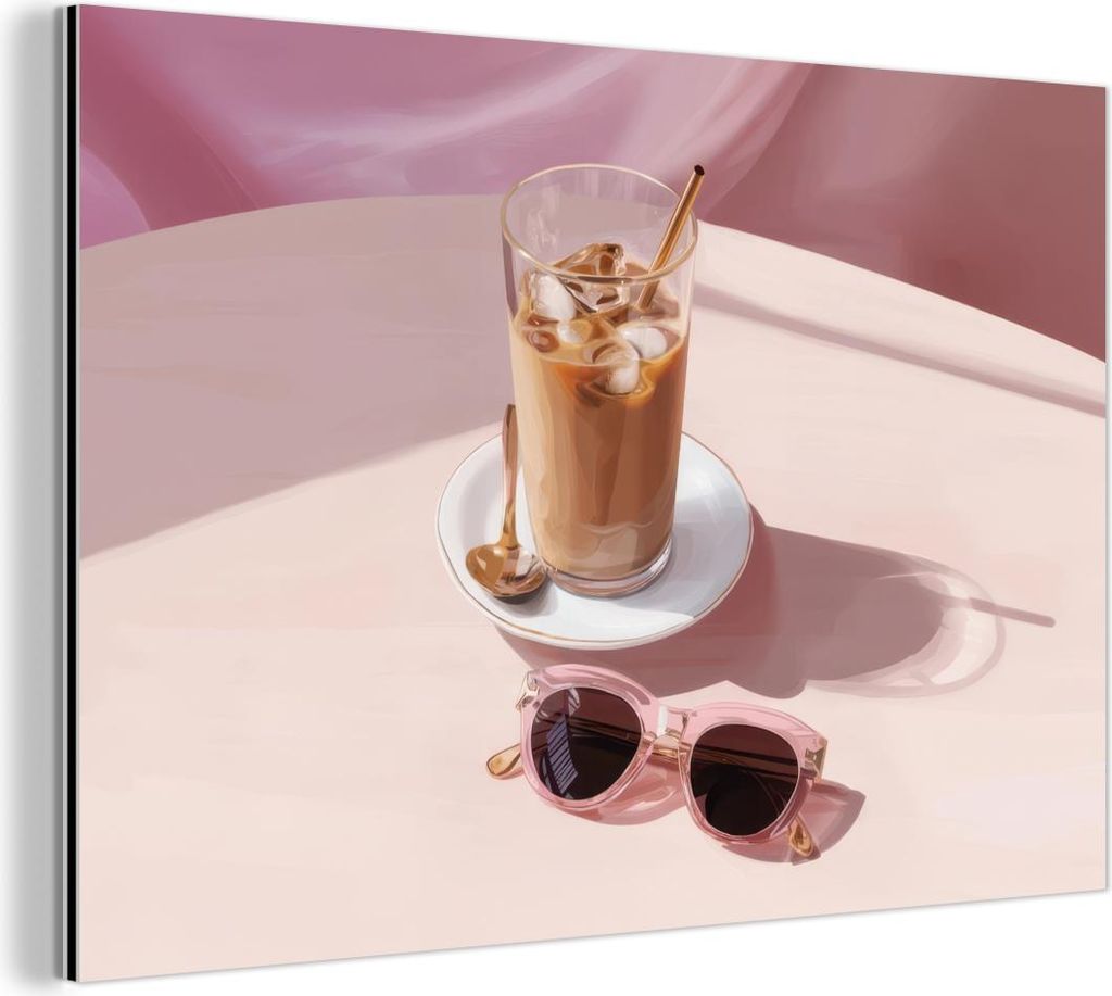 MuchoWow Wanddekoration Metall Metallbild Wandkunst 150x100 cm Eiskaffee - Sonnenbrille - Gold MuchoWow Aluminium Gemälde - Alu Dibond Bild