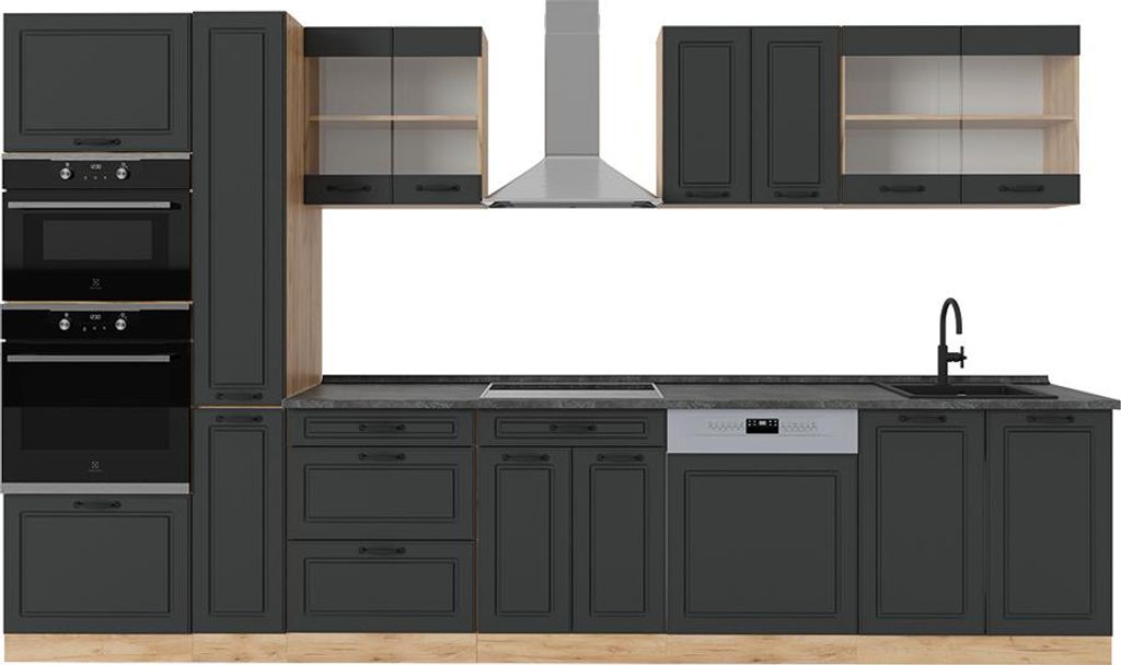 Küchenzeile Vicco R-Line Anthrazit Landhaus/Goldkraft Eiche 350 cm ohne Arbeitsplatte, Model 54003