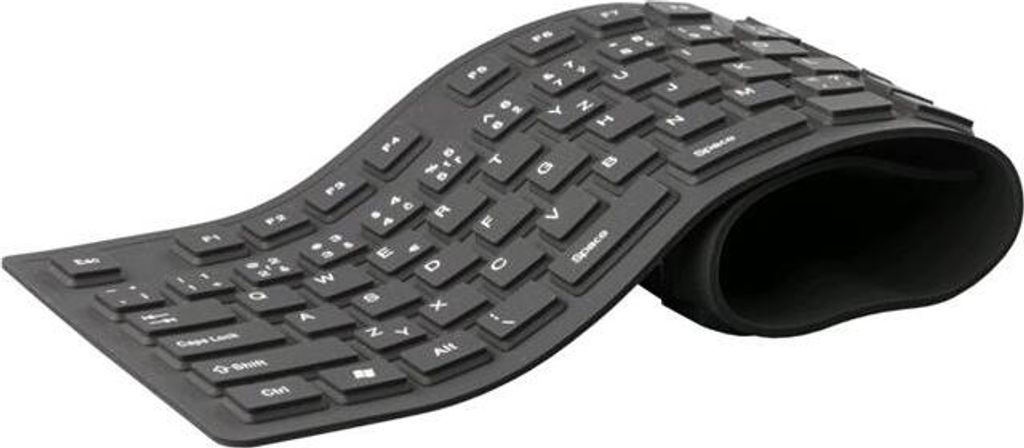 A black flexible keyboard is shown on a white background, with the right side rolled up.