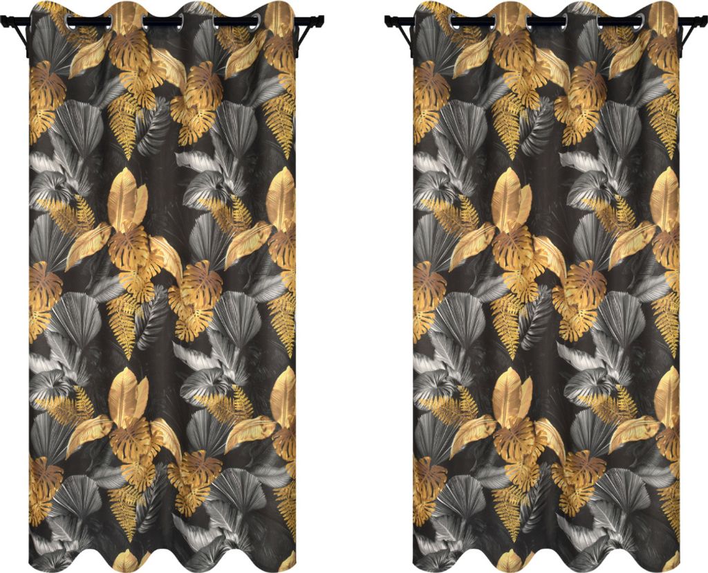Vorhänge mit Ösen 140x260 2 Stücke schwarze Vorhänge mit goldenen Blättern Muster blickdichte Gardinen für Wohnzimmer