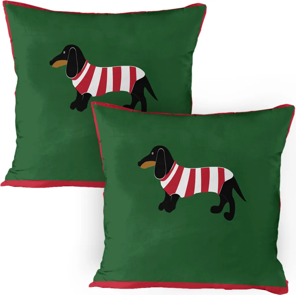 ABAKUHAUS Federa per cuscino con bassotto Confezione da 2, disegno astratto di cane bassotto cucciolo in camicia a righe - personaggio divertente, federa decorativa stampata, 80x80 cm, multicolore