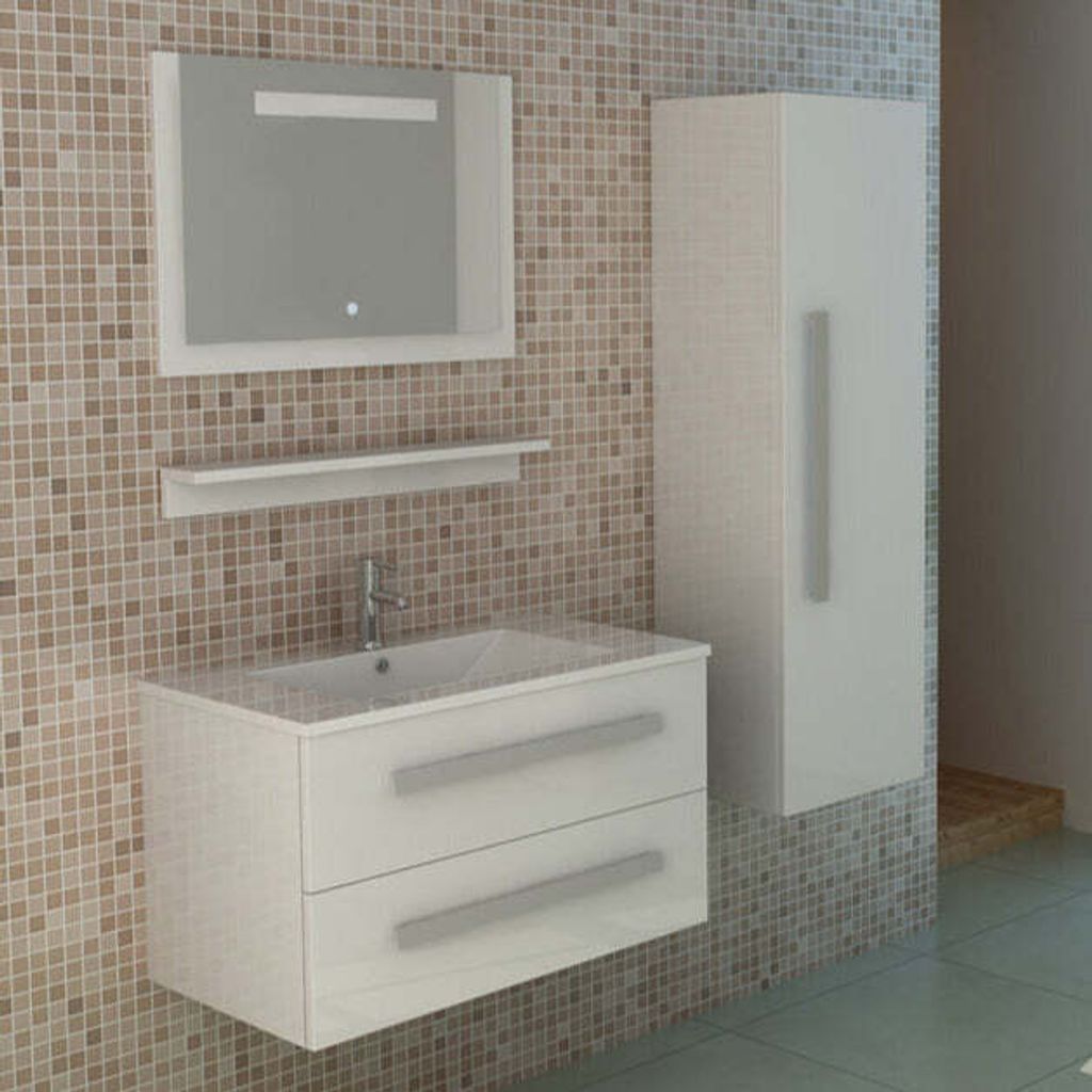 Luxus Bad-Set Waschtischschrank+Waschbecken+LED Spiegel+Schrank weiss hochglanz