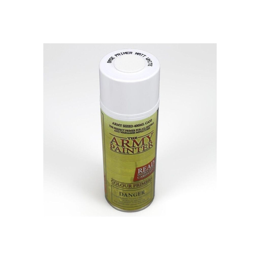 A spray can of The Army Painter Base Primer - Matt White, shown on a white background.