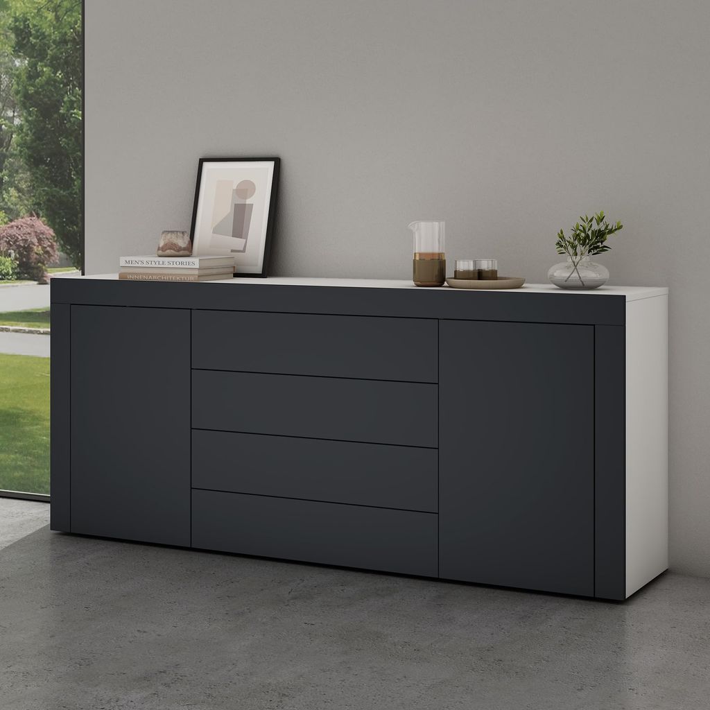 Mai & Mai Sideboard Aufbewahrungsschrank BTH: 167x36x70 cm mit 2 Schränken und 4 Schubladen in Weiß matt + Anthrazit matt Kommode Mehrzweckschran...