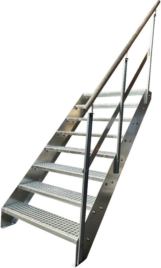 Gitterrost Stahl Wangentreppe 8 Stufen Geländer Rechts - Verzinkt - (B x H x T) 120 x 152 x 158 cm