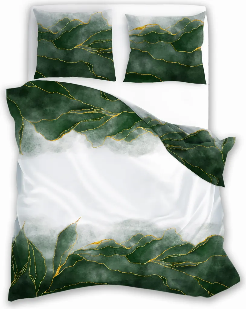 Biancheria da letto in raso 160x200 Stampa digitale Nobile Foglie verdi su fondo chiaro
