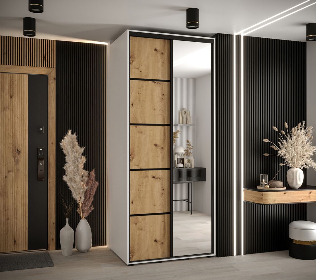 Kleiderschrank YVONA 5 - 120/60 cm, weiß / Eiche handwerklich / schwarz