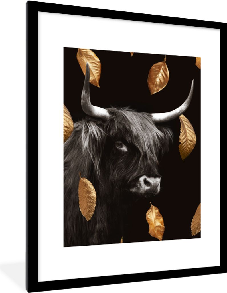 MuchoWow Gerahmtes Poster Schottischer Highlander - Blätter - Gold 60x80 cm - Poster mit Schwarzem Bilderrahmen Wandposter Rahmen Foto Bilder - ...
