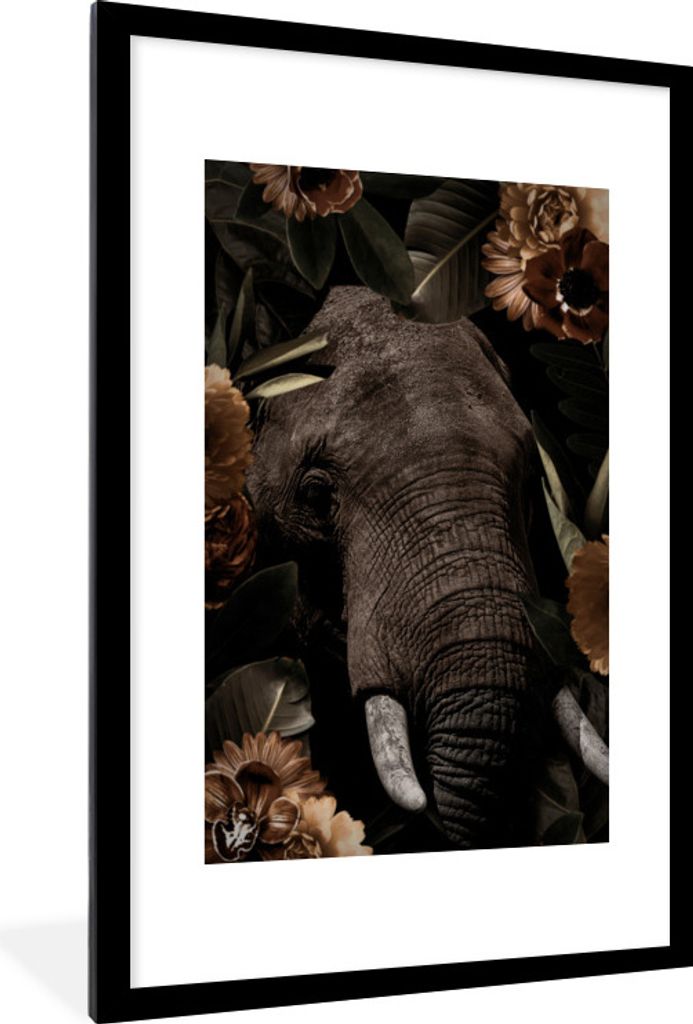MuchoWow MuchoWow Gerahmtes Poster Elefant - Pflanzen - Blumen 60x90 cm - Poster mit zchwarzem Bilderrahmen - Dekoration - Wandposter Wohnzimme...