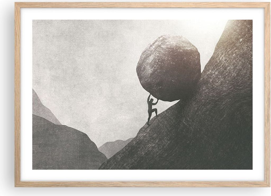 Gerahmtes Poster - Rahmen in heller Eiche - Sisyphus Arbeit Stein - 70x50 cm - Wand Bild - Wanddeko - Wandbilder - Kunstposter - Wandposter - Bilde...
