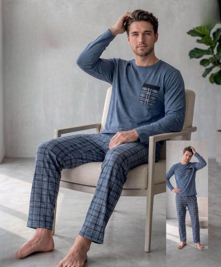 Herren Pyjama Schlafanzug Blau XXL Lang 2-Teiler Set Produktbild 