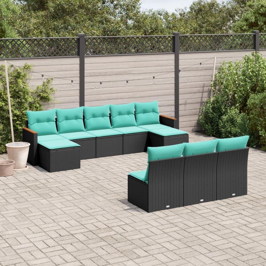 Möbel 10-teiliges Gartensofa-Set mit Kissen, schwarzes Polyrattan - Gartenmöbelgarnituren 3226386
