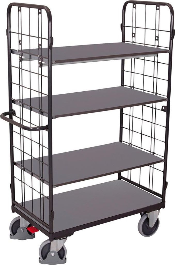 VARIOfit Etagenwagen, niedrig, Stirnwände vergittert mit 4 Etagen 1200x800mm Anthrazitgrau RAL 7016