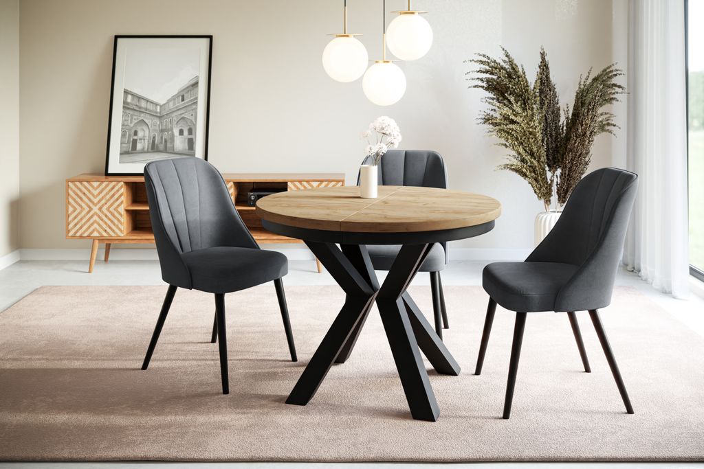 BERGO Runder Ausziehtisch – Durchmesser 120/200 Cm, Marmor-Optik, Goldene Metallbeine, Für Ess- & Wohnzimmer