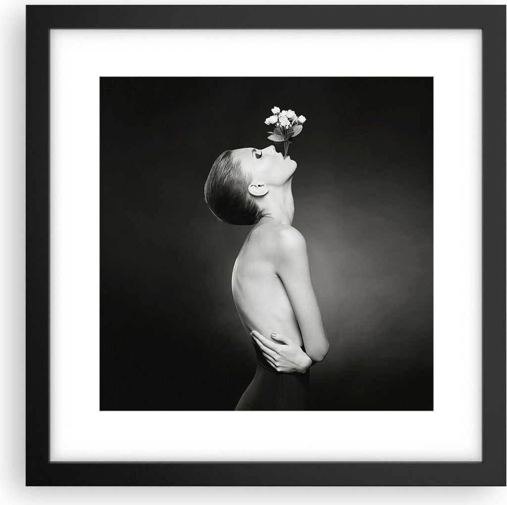 Gerahmtes Poster - Schwarzer Rahmen - Nackt Frau Blumen - 30x30 cm - Wand Bild - Wanddeko - Wandbilder - Kunstposter - Wandposter - Bilderrahmen - ...