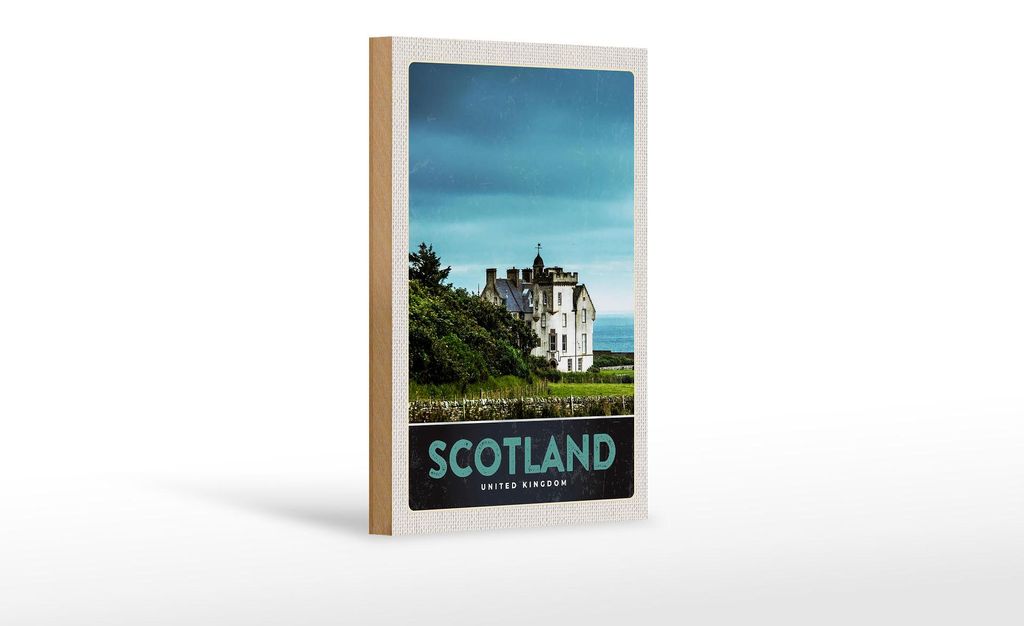 Holzschild Reise 12x18 cm Schottland Europa Natur Wiese Haus