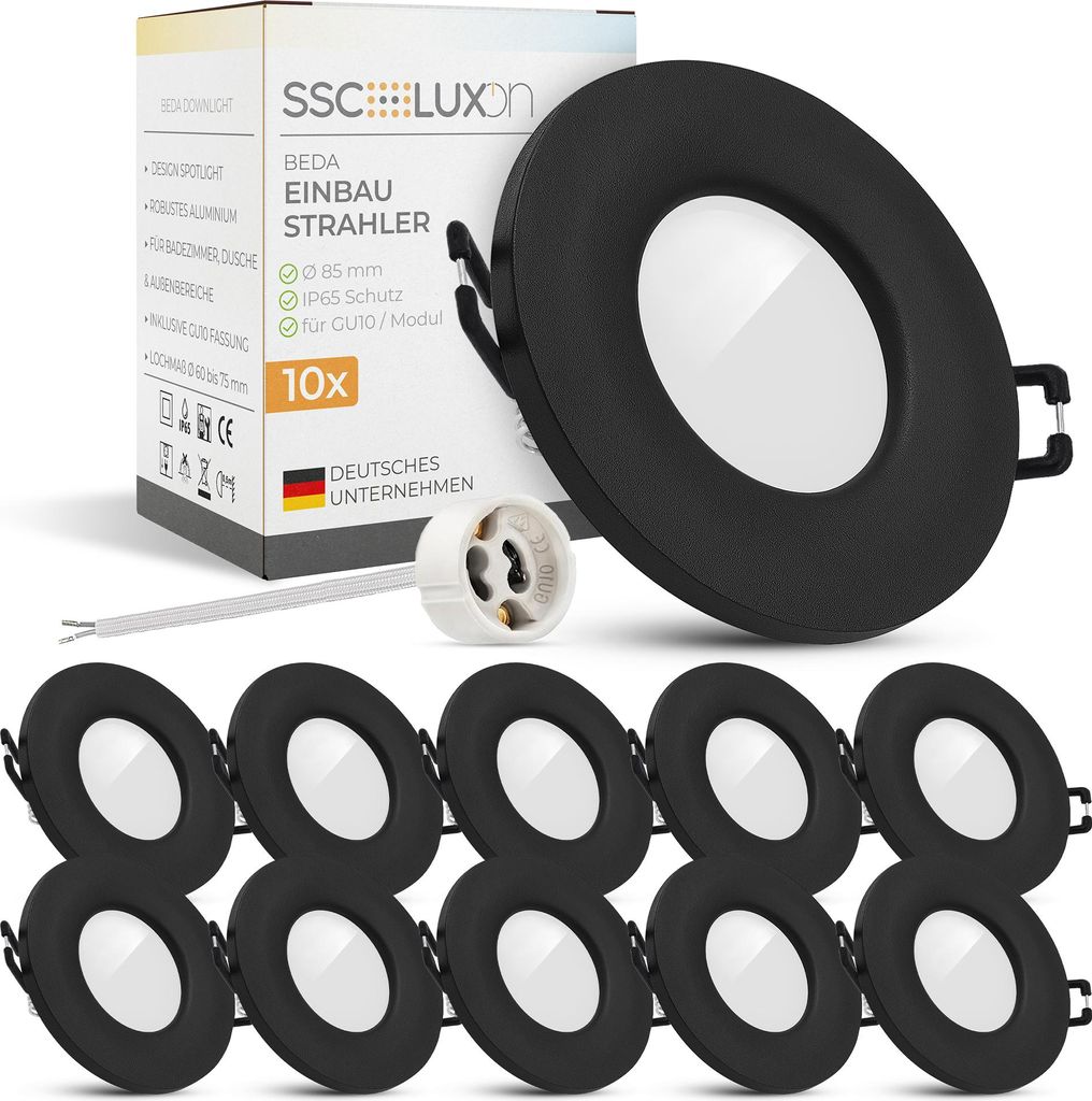 SSC-LUXon 10 Stück BEDA Einbaustrahler schwarz rund flach IP65 Spotlight für GU10 (ohne Leuchtmittel) - Einbauleuchte für Bad & Außen