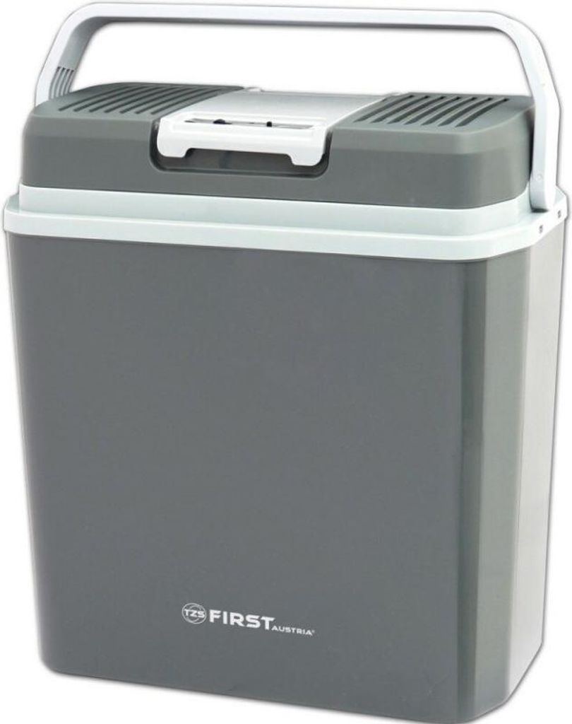 A gray and white portable electric cooler box with a handle on a white background.