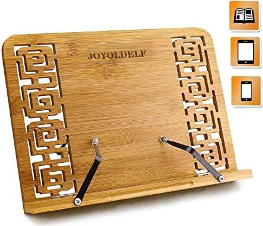 Joyoldlf Bamboo -Kochbuchständer, faltbare, verstellbare hintere Oberfläche, elegante gemusterte, iPad Air 2, 3, 4, Mini Pro, Kindle, Sansung Tab...