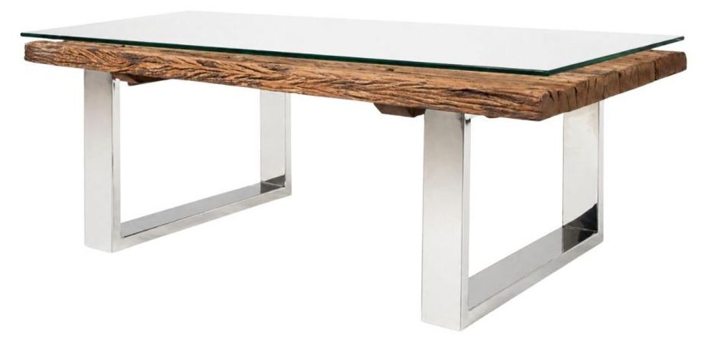 Couchtisch RAFTA 110 cm aus recyceltem Teakholz und gehärtetem Glas – Industriedesign mit U-förmigen Beinen