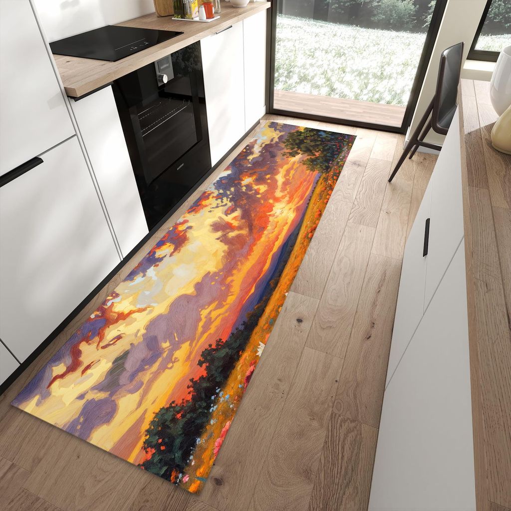 Küchenteppich 80x280cm rutschfest & abwischbar PVC Läufer - Blumenwiese Sonnenuntergang