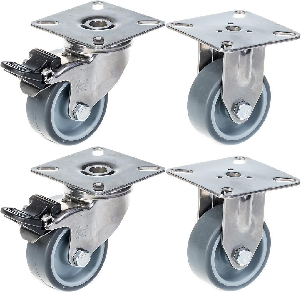 50mm 2" Edelstahlrollen grau Gummi, Bremse & feststehend, 160kg, 4er Set