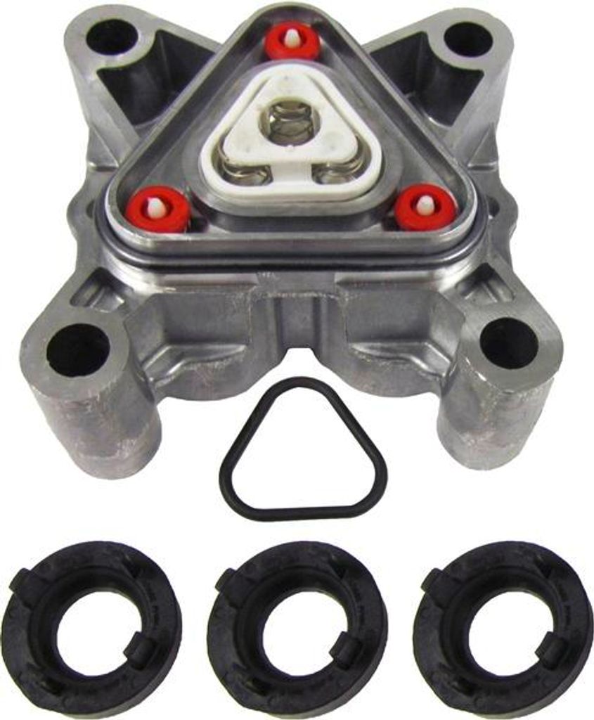 A product shot of a pump head assembly with accompanying seals and a gasket.