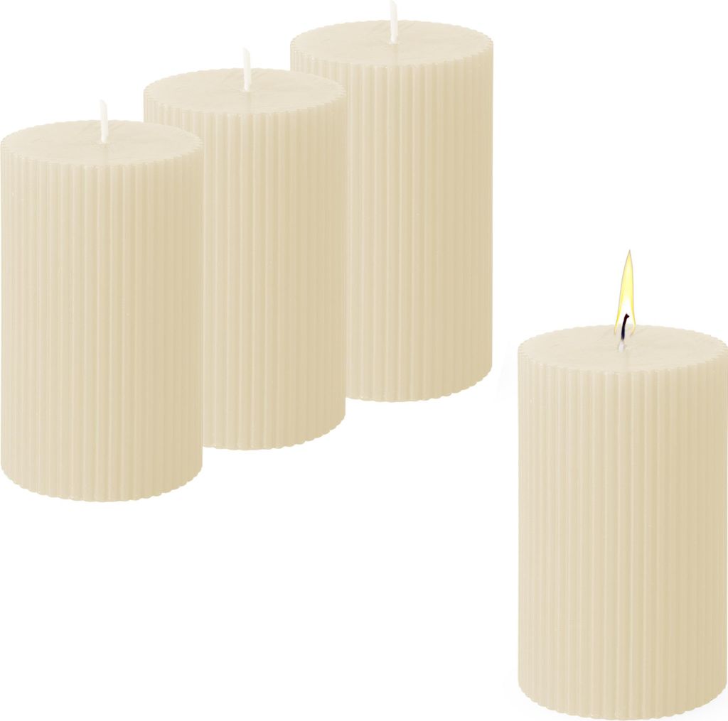 Echtwachs Stumpenkerze 10 x 6 cm geriffelt 4er Set - creme Produktbild 