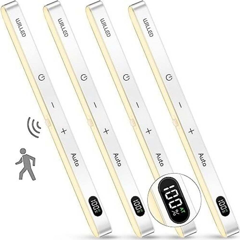 Willed 3000 K Schrankbeleuchtung LED -Bewegungssensor, Licht, Streifen, Batterie, USB -wiederaufladbare Garderobe, Treppe, Wohnmobil, Schlafzimmer, Pa
