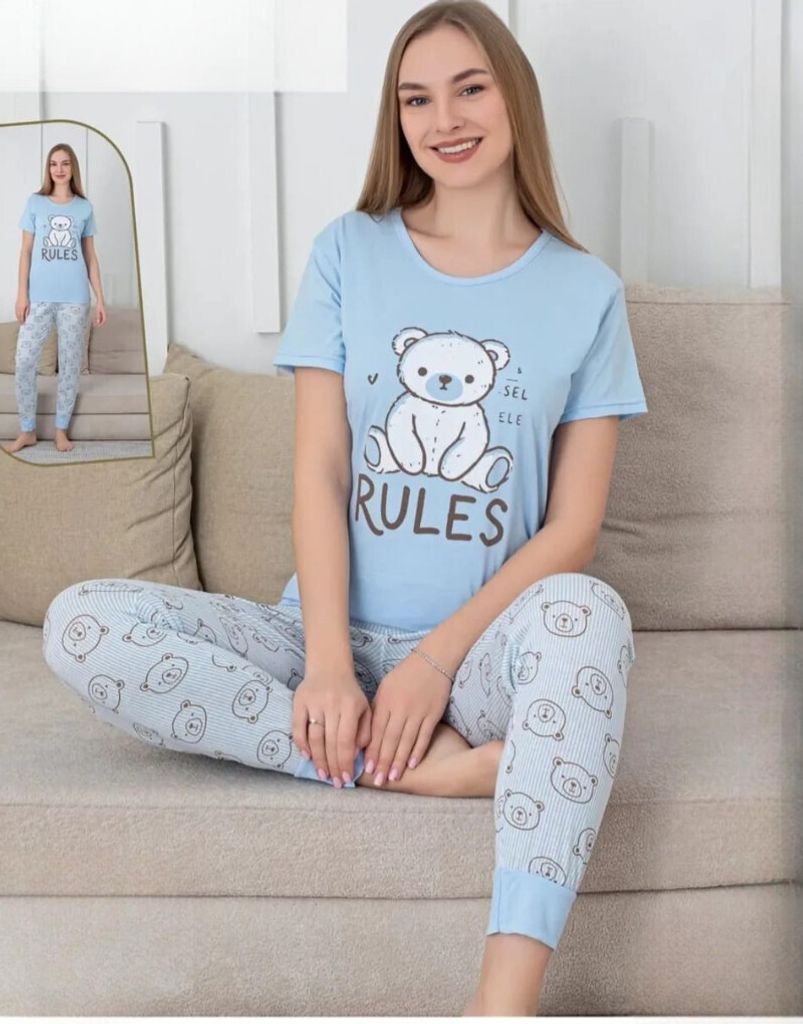 Damen Pyjama Schlafanzug Blau XL Kurz 2-Teiler Set C-86 Produktbild 