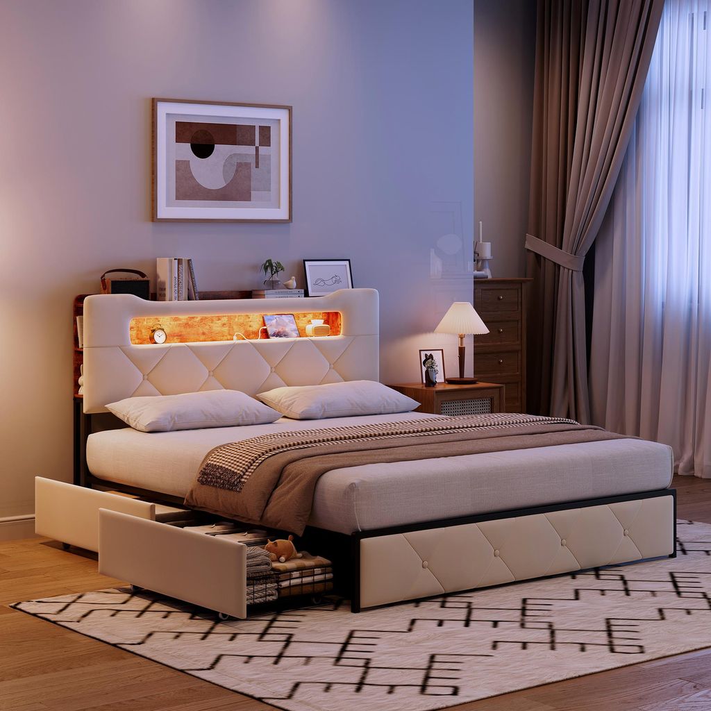 UnboxG Polsterbett 140x200cm mit Ladefunktion, LED, USB & Typ-C, Doppelbett mit Lattenrost und 4 Schubladen, Stauraumbett, Samt, Beige
