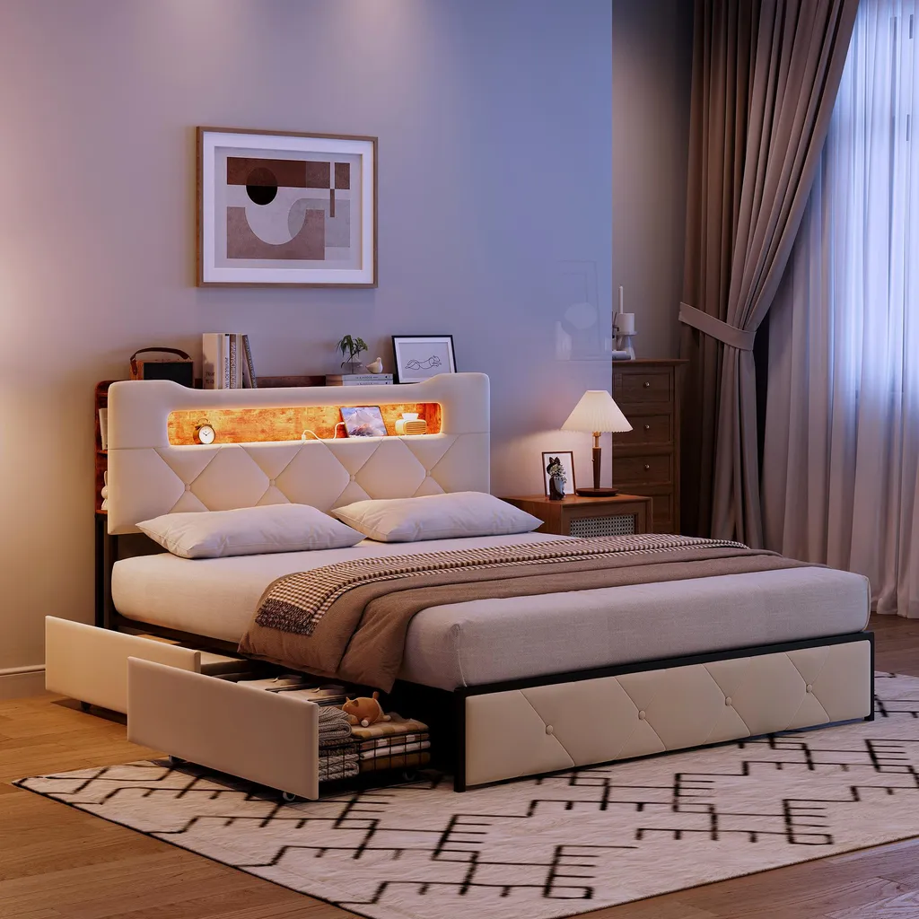 Lit double 140x200cm avec rangement et USB pour une chambre connectée