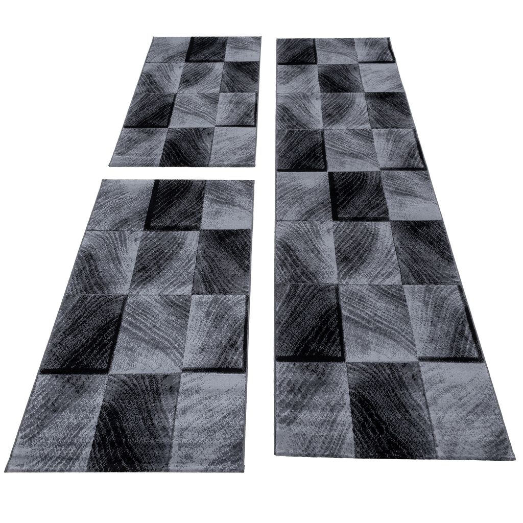 Bettumrandung Läuferset 3 teilig Teppich Kariert vintage optik Schwarz Grau Weiß 