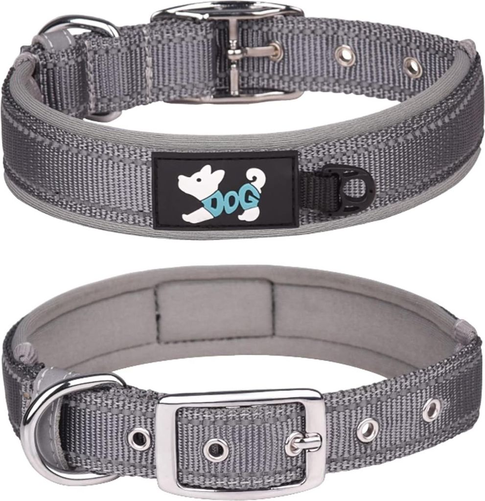 Bequeme weiche gepolsterte Neopren-Halsband für Haustiere, verstellbar für alle Rassen großer Hunde (S grau-1) mit reflektierender Nylon-Halsband