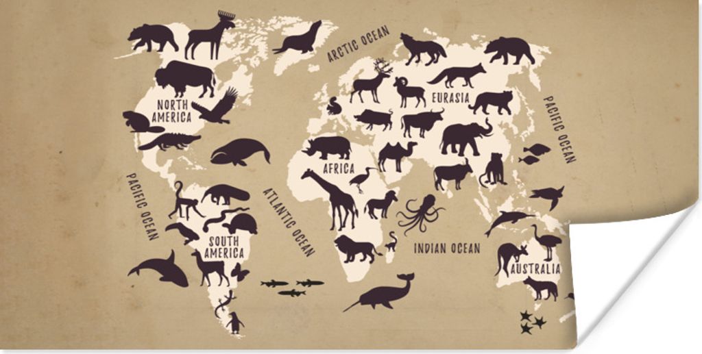 MuchoWow Poster Weltkarte - Tiere - Schatten 40x20 cm - Poster für die Wand - Poster Schlafzimmer