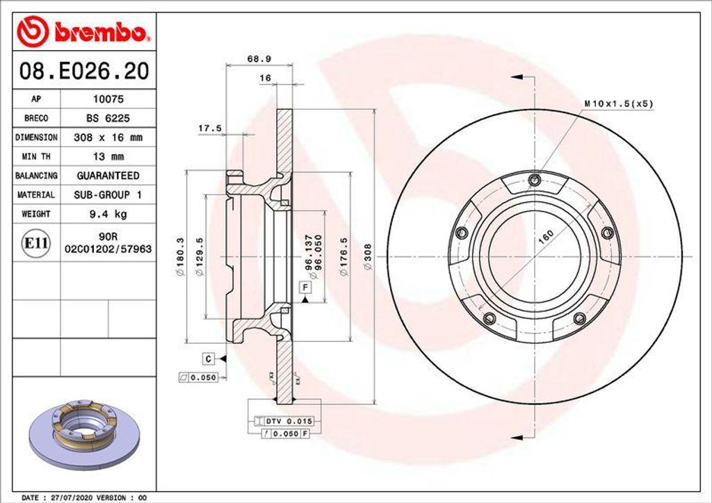 BREMBO 08.E026.20 Bremsscheibe OE 2012584 kompatibel mit Transit