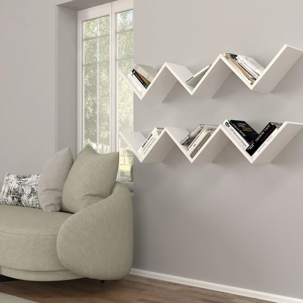 Étagère Murale Gain de Place Blanche Zig Zag pour Petits Espaces - 129cm