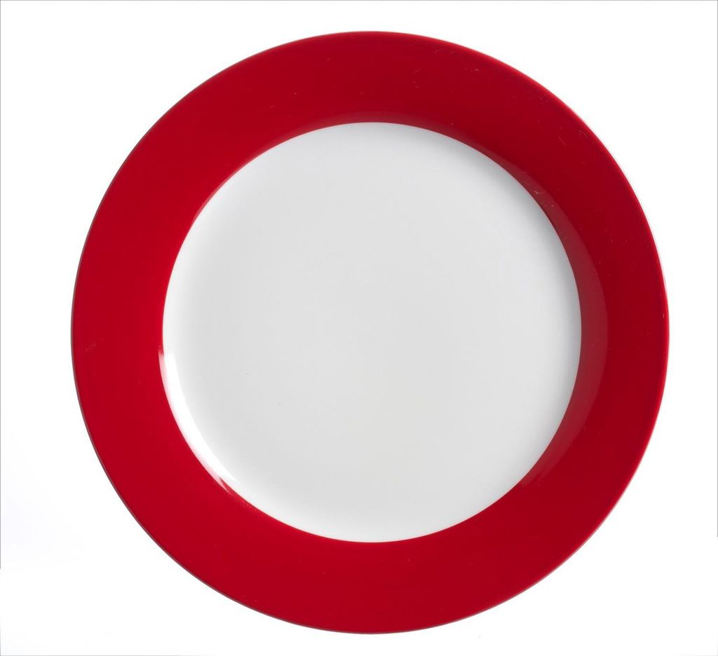A flat plate with a white center and a red rim, isolated on a white background.