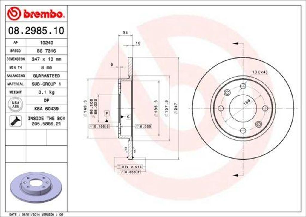 BREMBO 08.2985.10 Bremsscheibe OE 1618859680 kompatibel mit 309, 306, 206, 205, 106, ZX, Saxo, C15