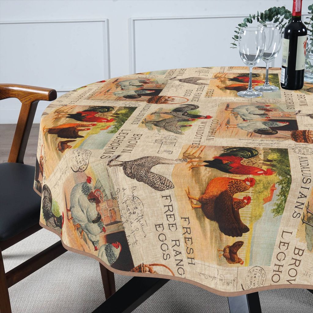 Tischdecke Bauernhof aus Stoff mit Digitalprint Tischtuch EasyClean ACRYL Beschichtet Tischwäsche Digitaldruck Beige Rund 100cm mit Paspelband