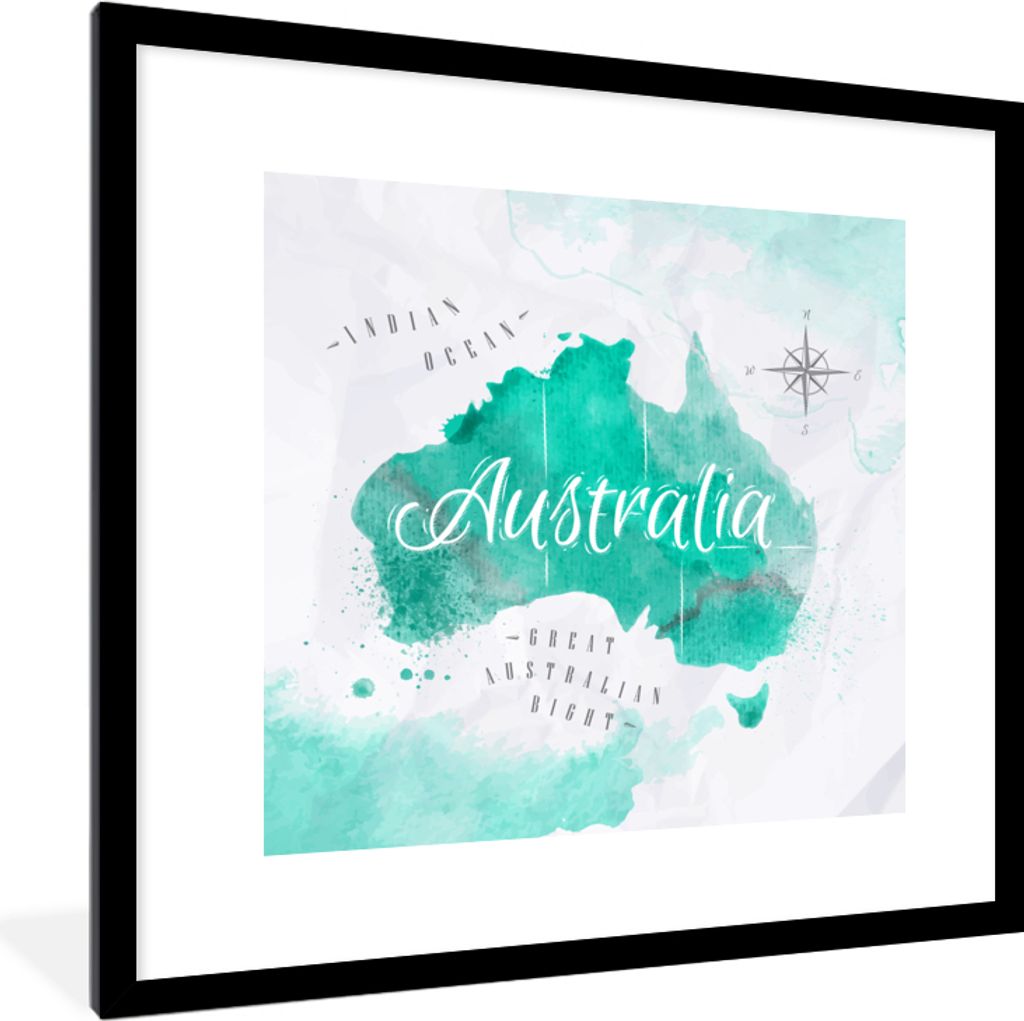 MuchoWow MuchoWow Gerahmtes Poster Weltkarte - Australien - Türkis 40x40 cm - Poster mit zchwarzem Bilderrahmen - Poster - Plakat im Rahmen