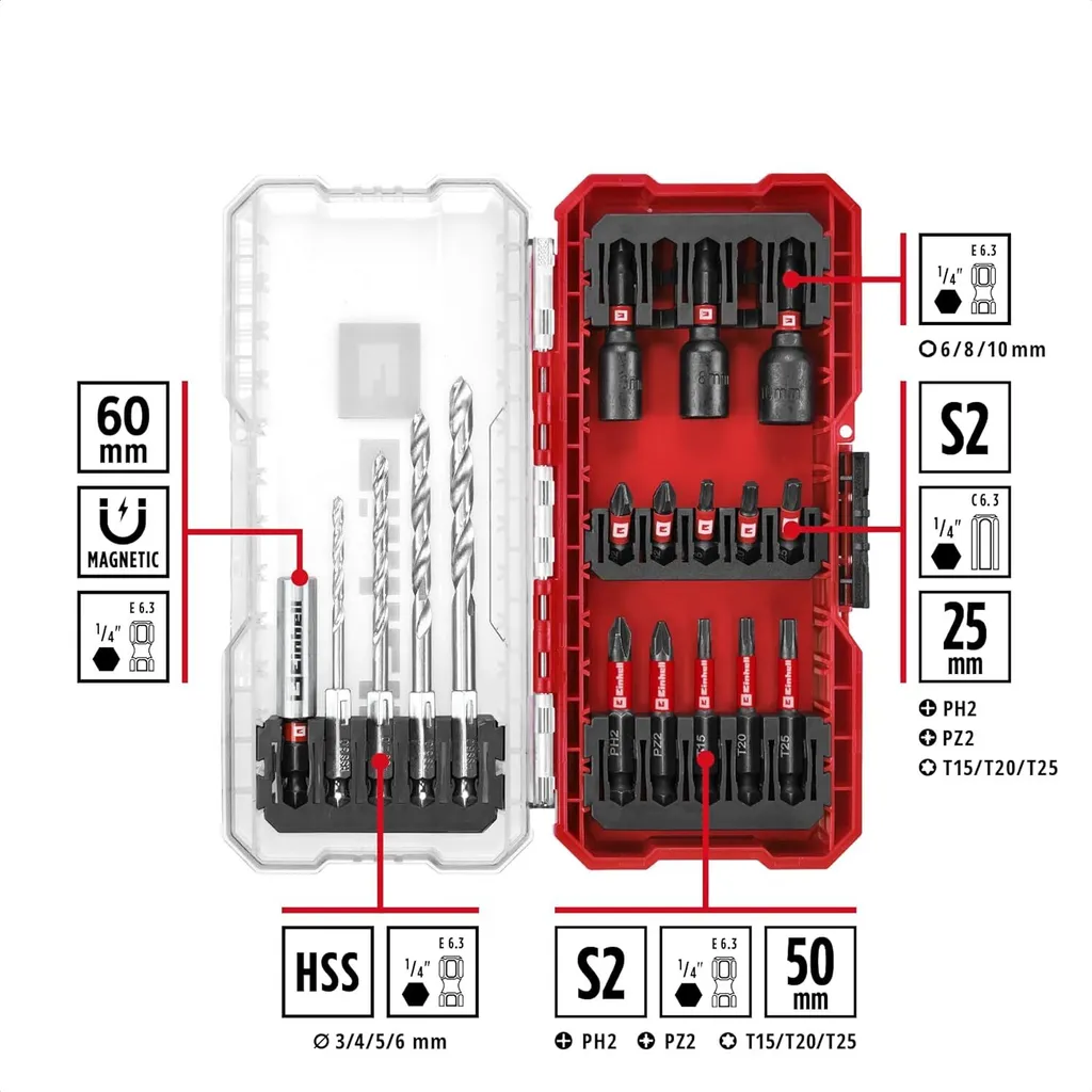 Einhell Bit Set 18 Pezzi 108709 - Kit Inserti S2 e Punte HSS per Avvitatore - 14