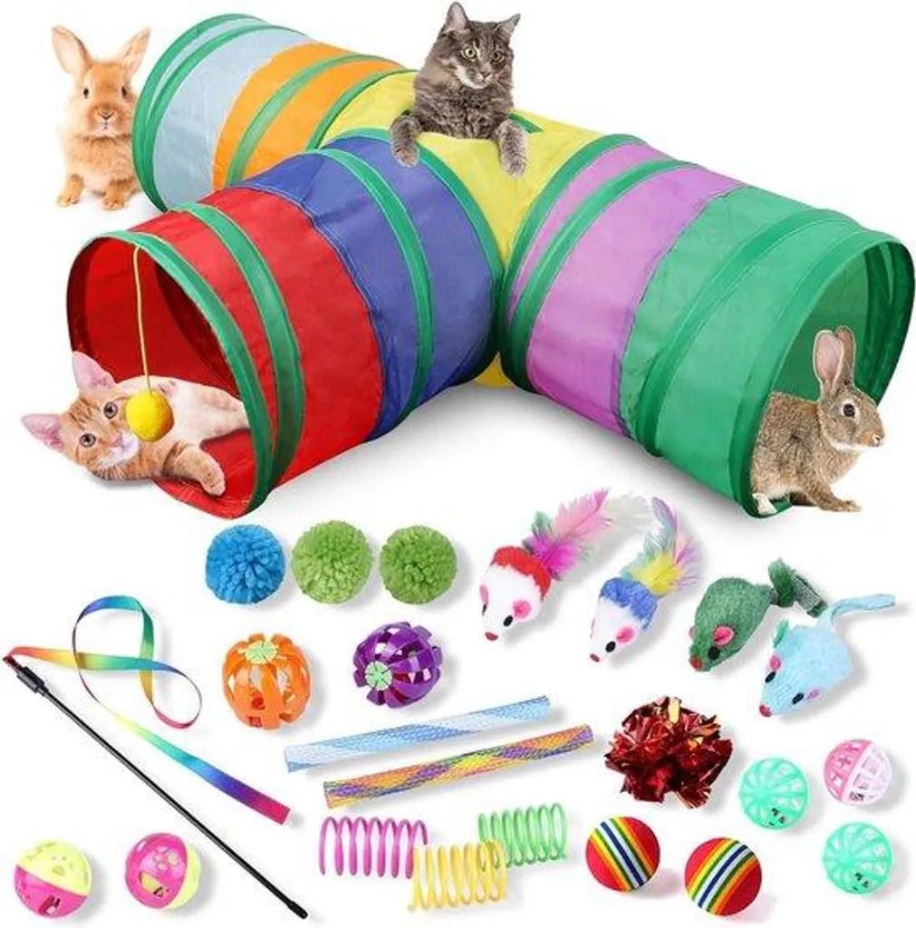 Tunnel chat 3 passages et pack de 24 jouets interactifs pour petits animaux