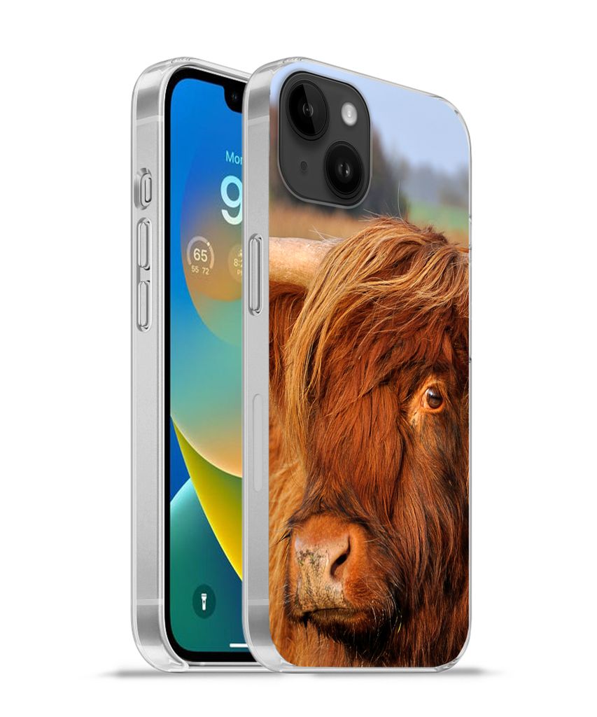 MuchoWow Handyhülle Schutzhülle Hülle für Apple iPhone 14 Plus - Soft case Schottischer Highlander - Gras - Baum Silikon Softcase Handy Hüll...